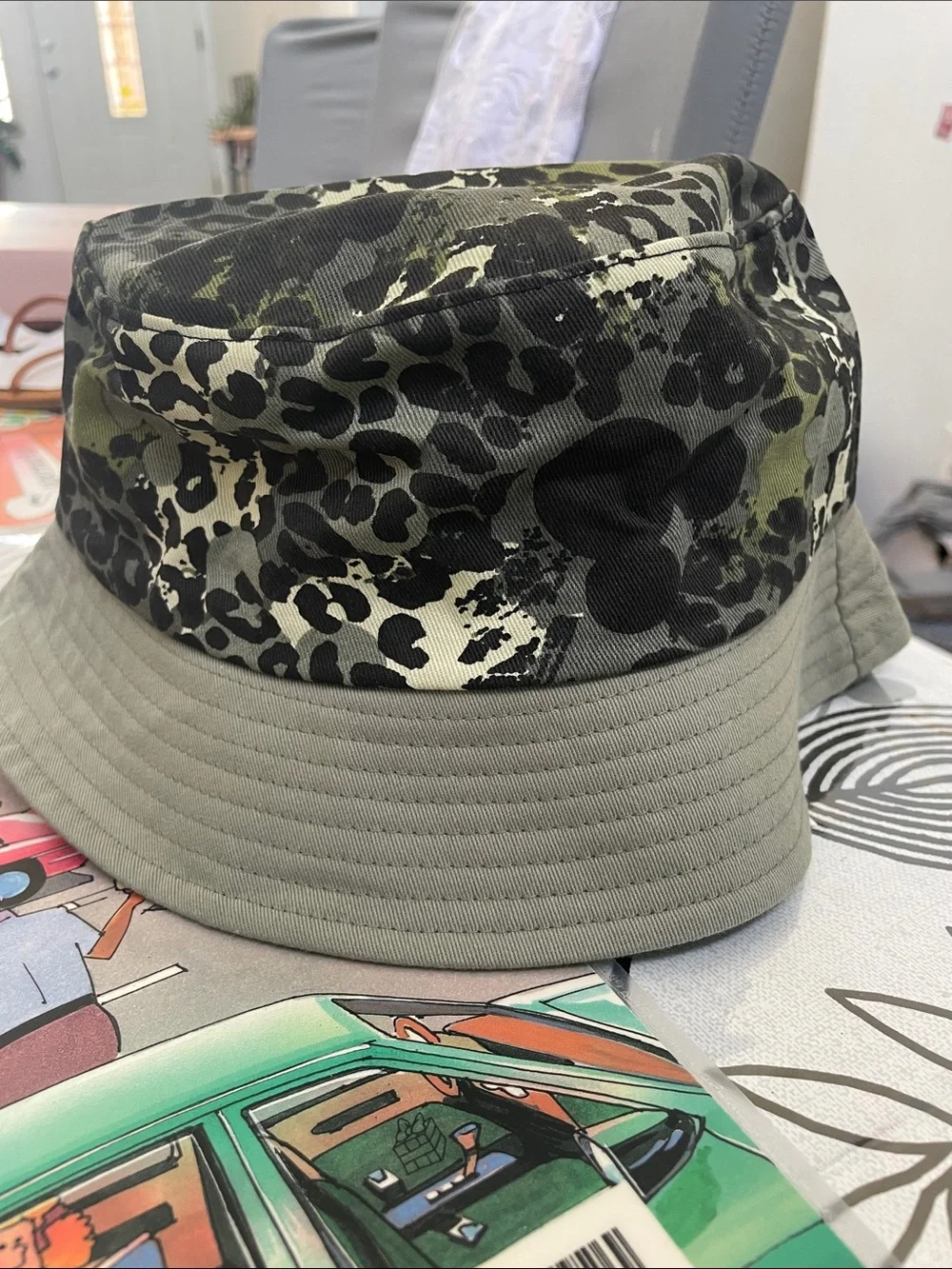 Disney Kids Bucket Hat in Olive Green and Black Leopard Print